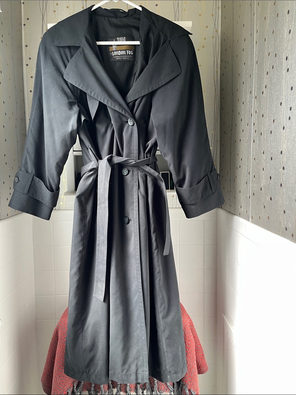 Towne by London Fog Black  Trench Coat with Tie Belt